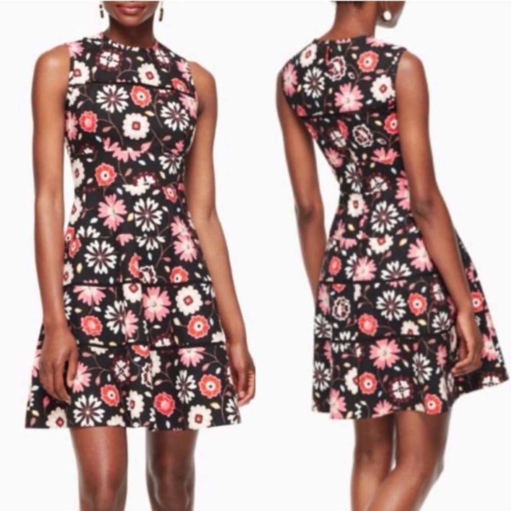 Kate Spade Floral on Black Classic Swing Dress with Eyelet Detail